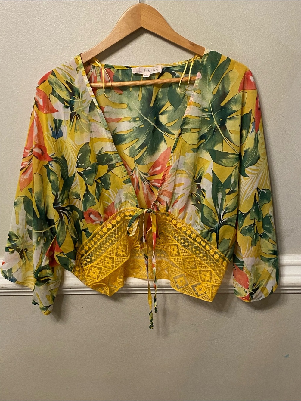 Floral Wrap Crop Top with Yellow Lace ITrim